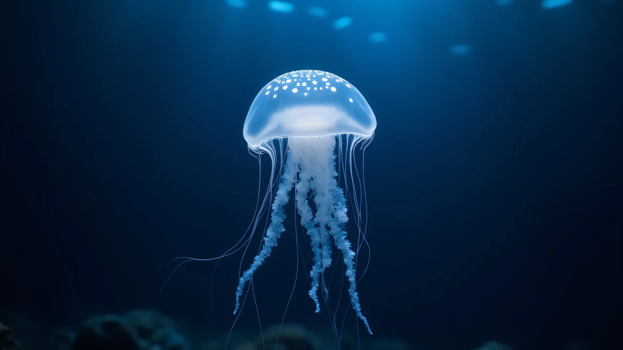 A translucent jellyfish glows with bioluminescent spots in a deep ocean setting.