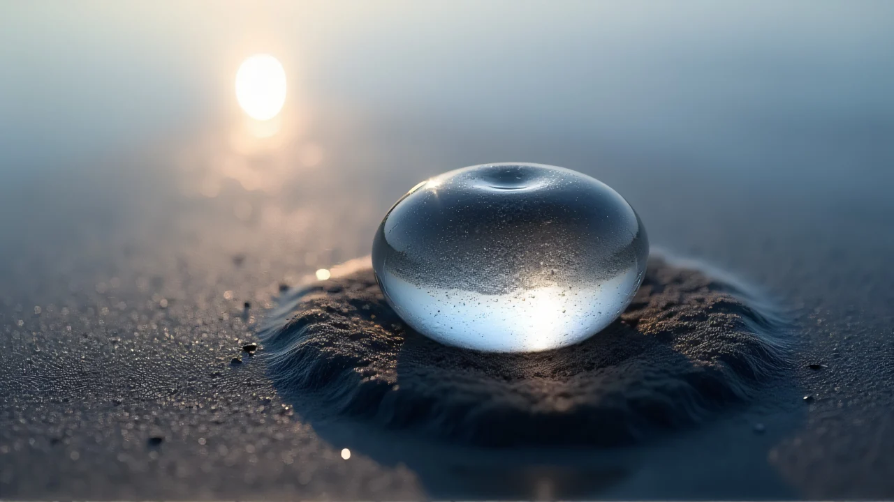 Close-up view of a translucent stone resting on wet black sand in soft morning light.