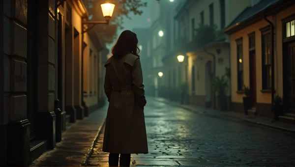 Trench Coat Woman Under Streetlamp At Night