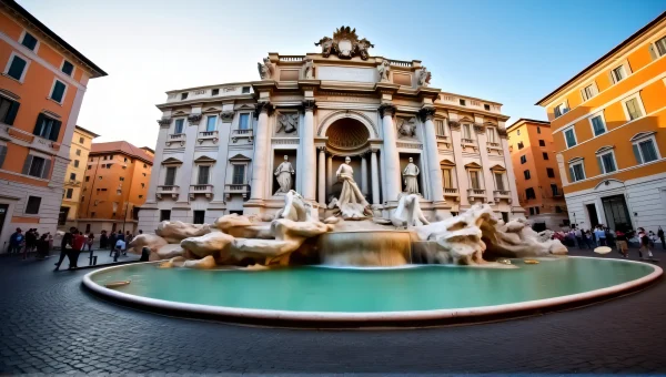Trevi Fountain at Dawn with Tourists and Reflection