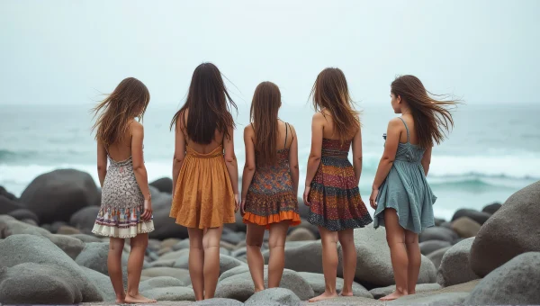 Tribal Girls in Dresses at Shoreline Rocks