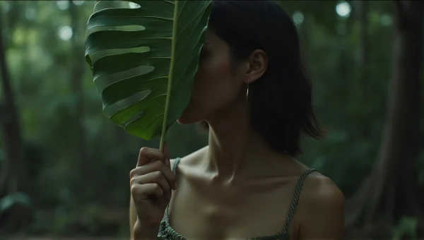 Tropical Leaf Concealment Portrait With Soft Lighting