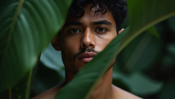 Tropical Man Portrait Behind Green Leaves