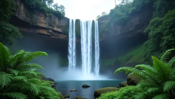 Tropical Waterfall Cascading Into Misty Plunge Pool