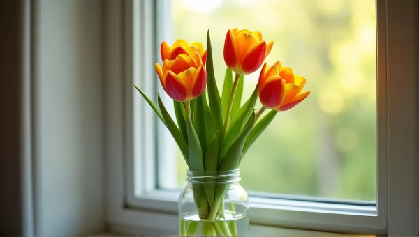 Tulips in Glass Jar on Wooden Windowsill