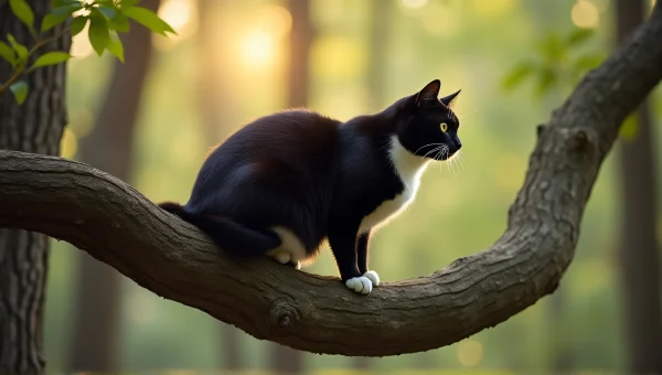 Tuxedo Cat on Tree Branch in Soft Morning Light