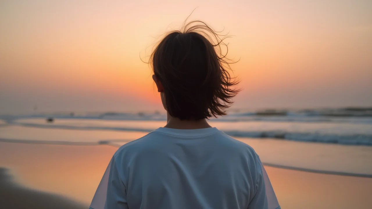 Full-body portrait of a figure in a white shirt by the shoreline at twilight with wind-tousled hair.