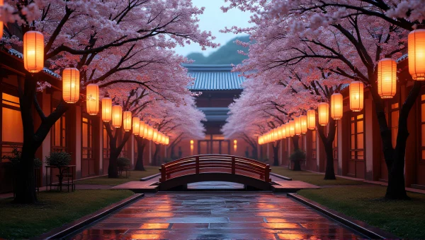 Twilight Courtyard With Cherry Blossoms And Lanterns