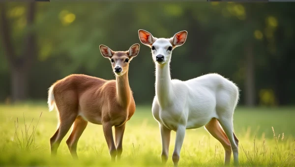 Two Deer Standing Close on Green Grass