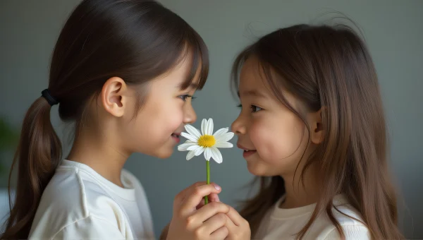 Two Girls Sharing White Flower Candid Moment
