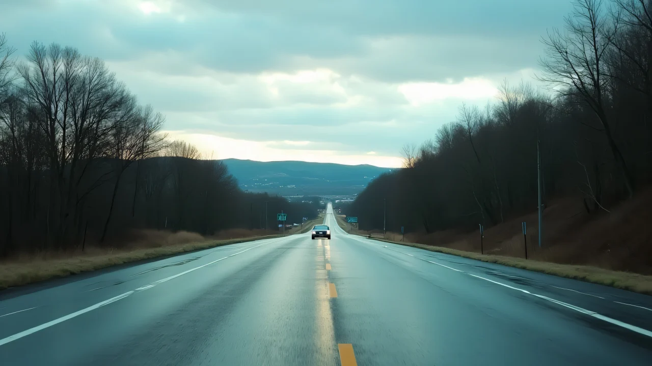 Wet asphalt reflects the sky along a two-lane roadway.