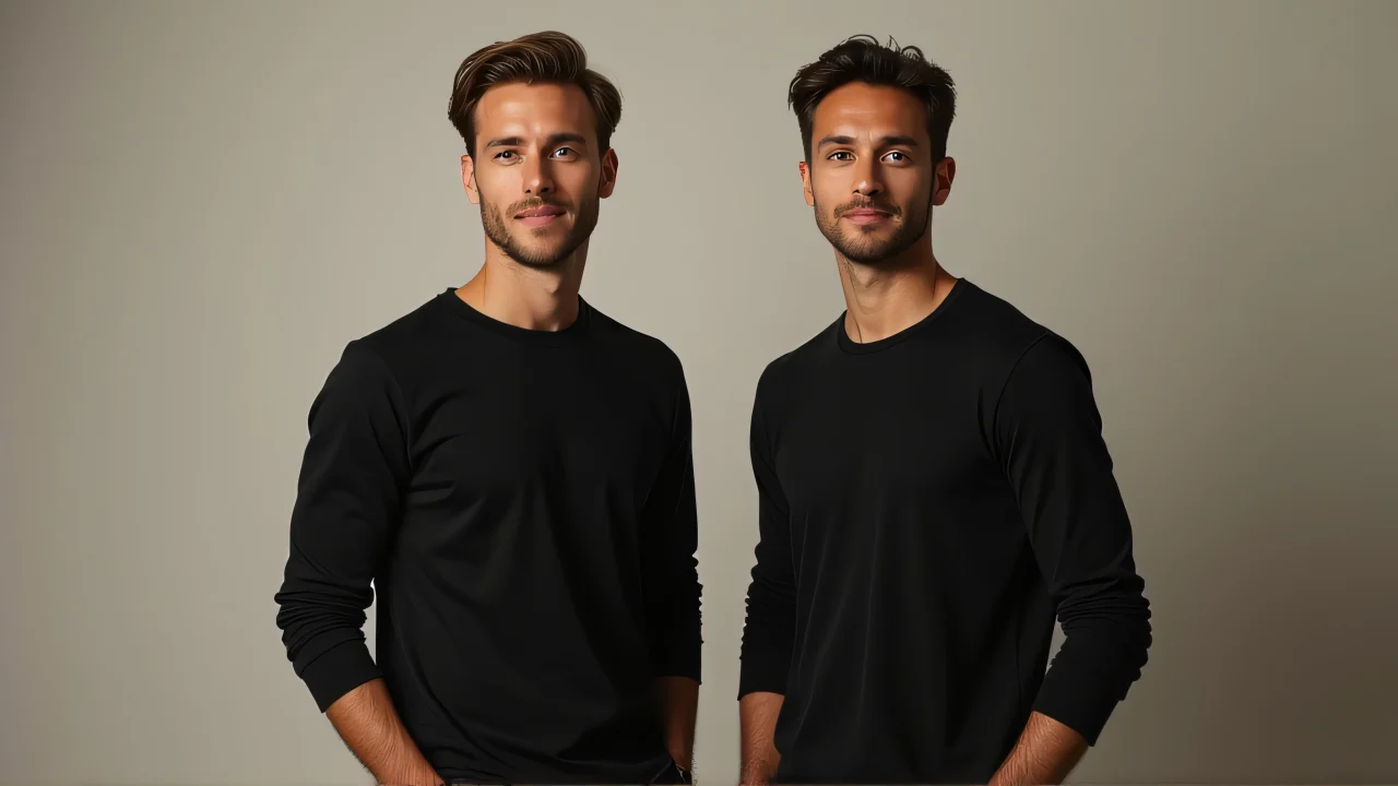 Two men wearing black shirts posing side by side in a studio.
