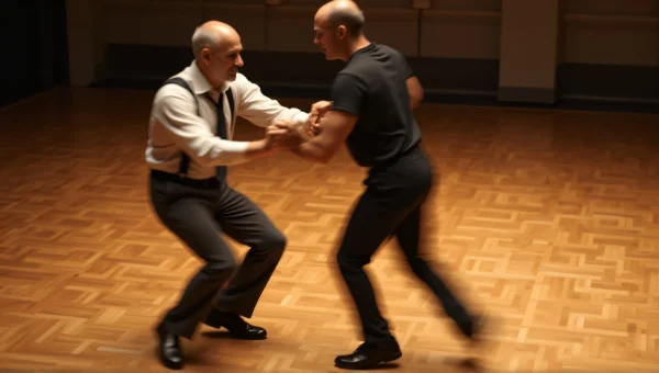 Two Men Dancing Together On Parquet Floor
