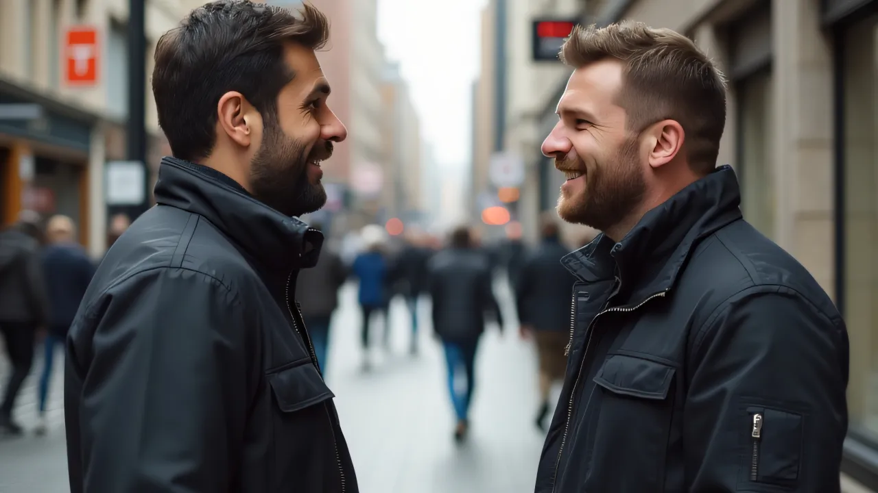 Two men discussing ideas on a bustling urban sidewalk in daylight.