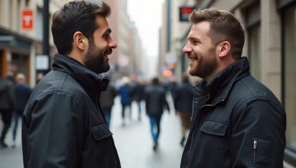 Two Men Engaged in Conversation on Urban Sidewalk