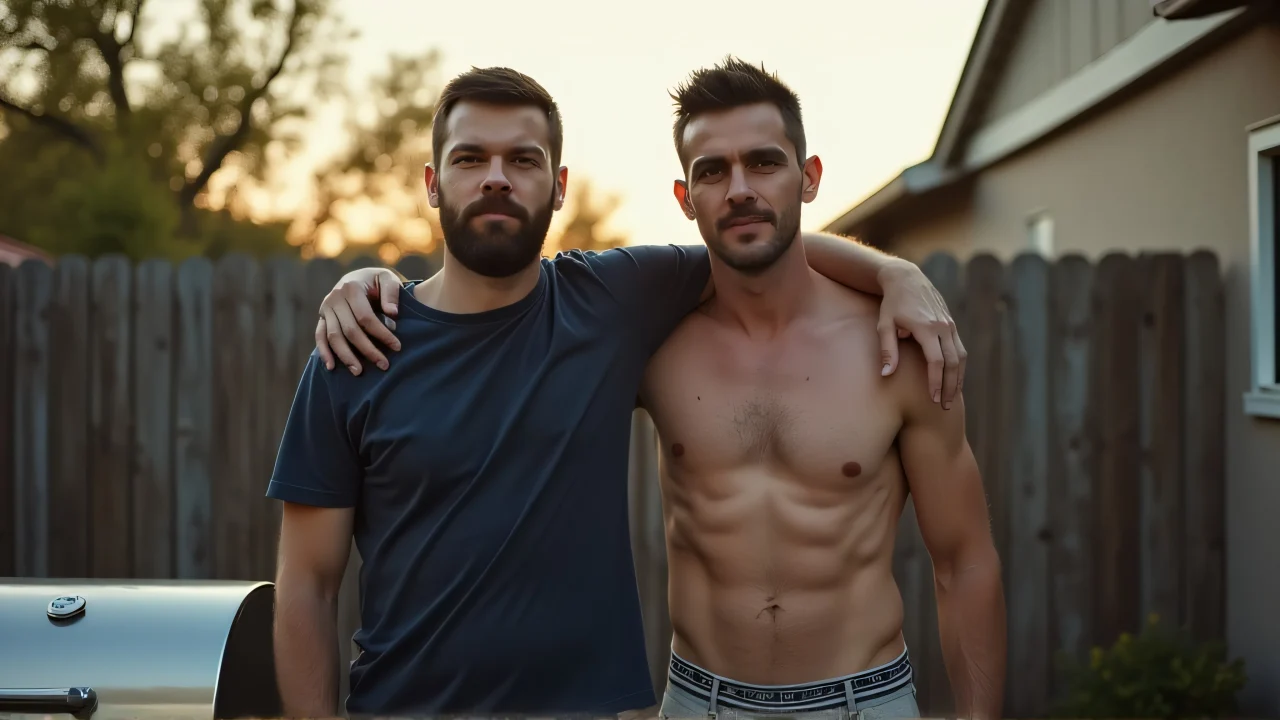 Two men stand by a grill in an evening backyard, sharing a moment of camaraderie.