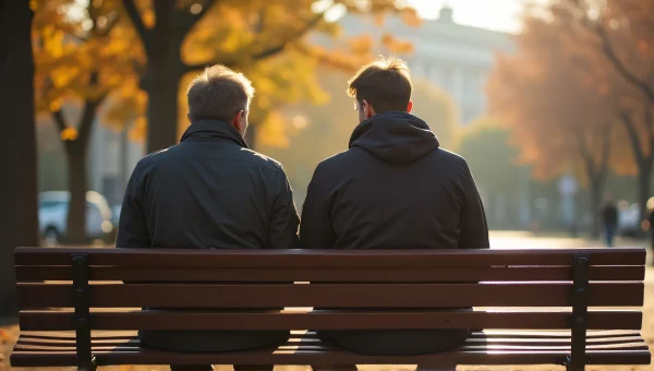 Two Men Sitting On Park Bench Midday Sunlight