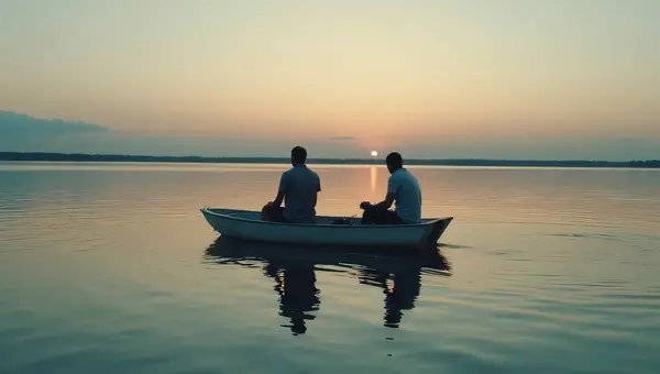 Two People Rowing on Calm Water at Dusk