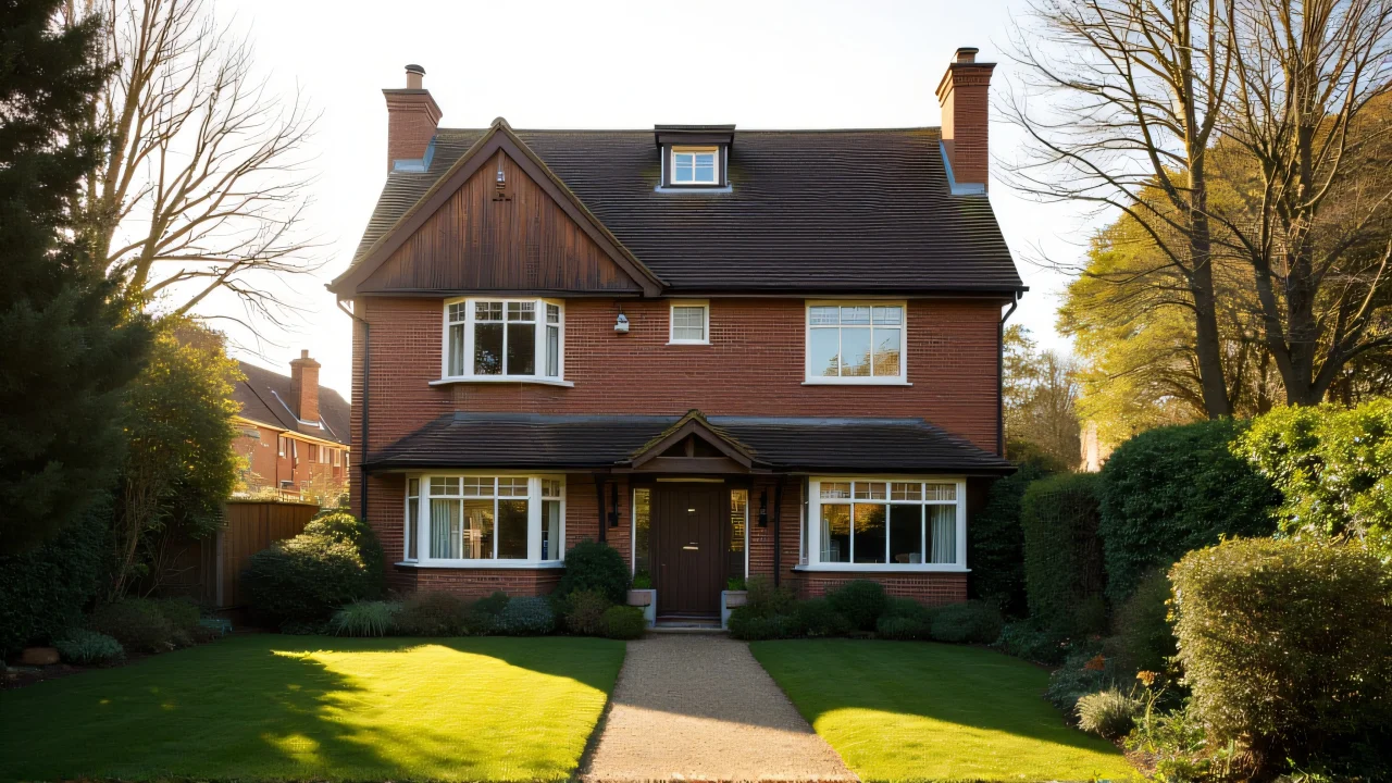 A two-storey house featuring an attic and garden path in soft afternoon light.