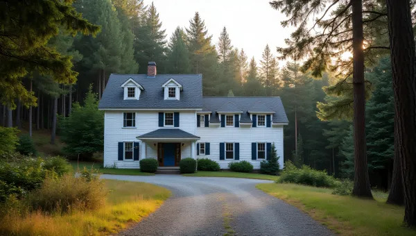 Two-Story House Next To Conifer Forest In Morning Light