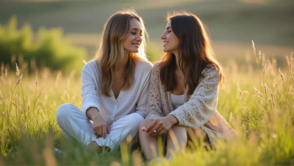 Two Women Relaxing Together in Meadow