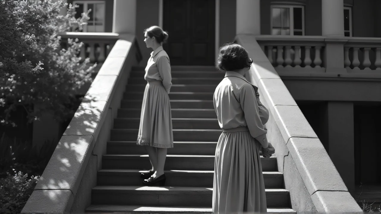 A grayscale image of two women in vintage clothing on stone stairs.