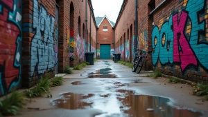 Urban Alley Graffiti with Reflective Puddles
