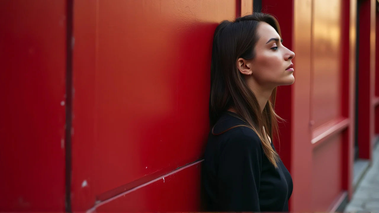 A female model poses in an urban alley by a crimson facade.