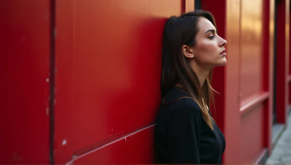 Urban Alley Model Leaning Against Crimson Wall