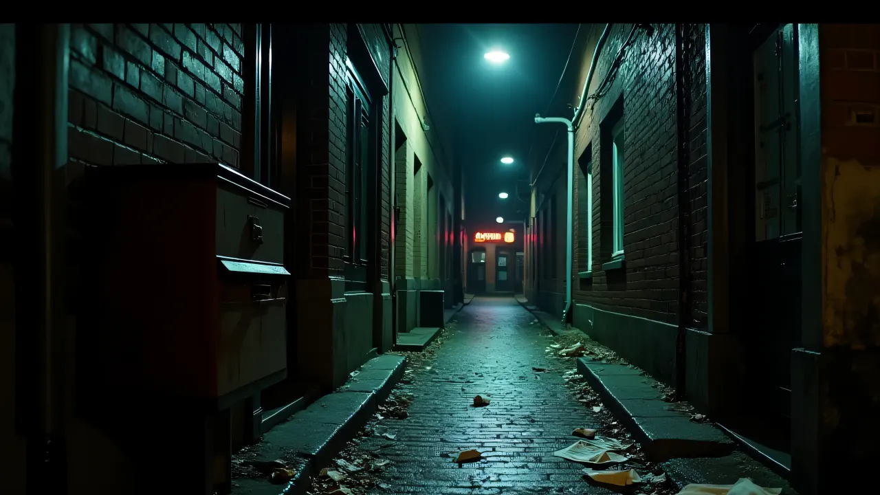 A wet cobblestone alley illuminated by a streetlamp, featuring a rusted mailbox and distant neon lights.