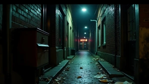 Urban Alley Night Scene With Streetlamp And Mailbox