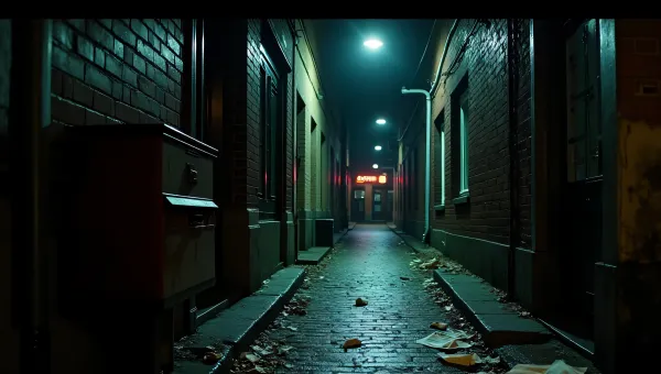 Urban Alley Night Scene With Streetlamp And Mailbox