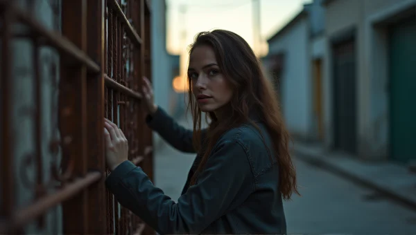 Urban Alley Woman Leaning on Rusted Gate