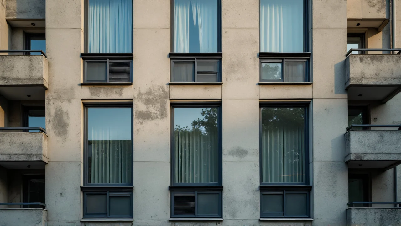 Close-up view of an urban apartment building facade with windows and balconies.