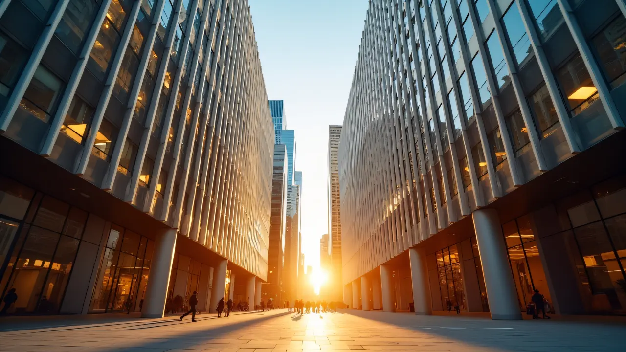 Wide-angle view of urban buildings reflecting golden hour light with pedestrians for scale.