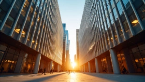 Urban Architecture at Golden Hour with Pedestrians