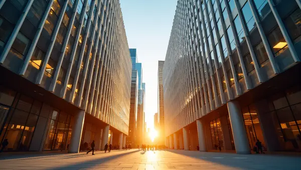 Urban Architecture at Golden Hour with Pedestrians