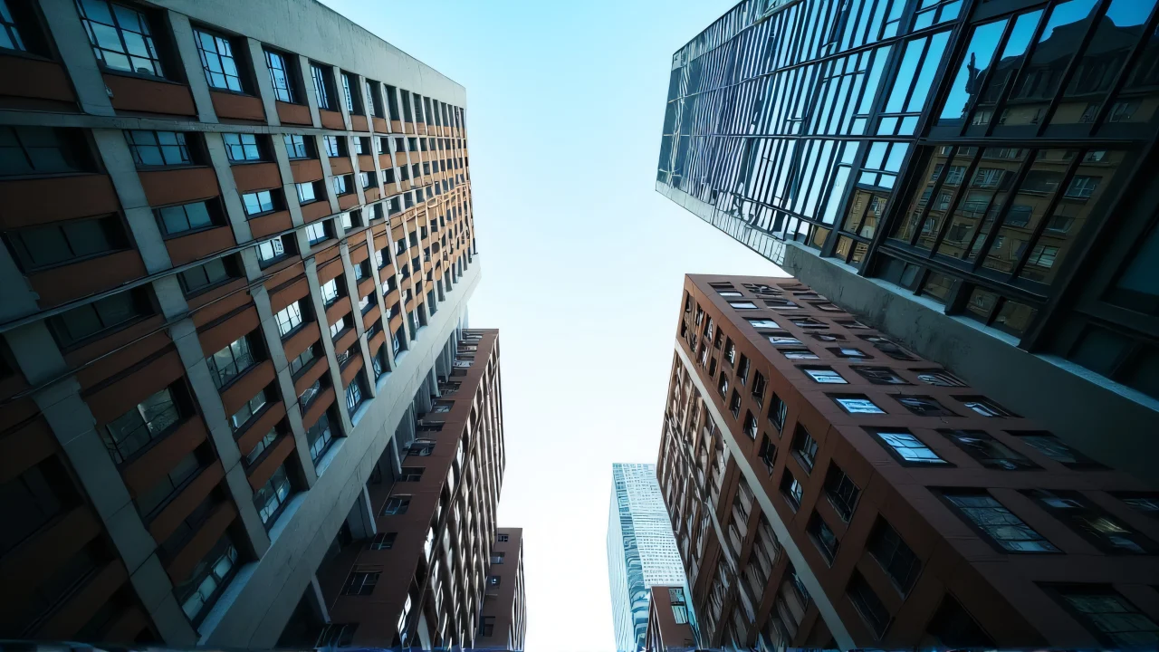 Low-angle view of urban buildings with glass and brick facades in mid-morning light.