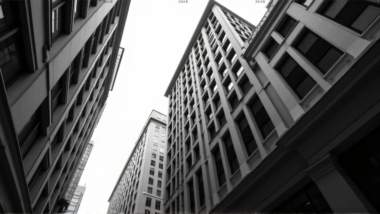 Low-angle monochrome image of urban buildings with vertical lines.