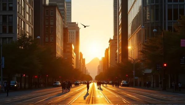 Urban Avenue Golden Hour Skyscrapers Pedestrians