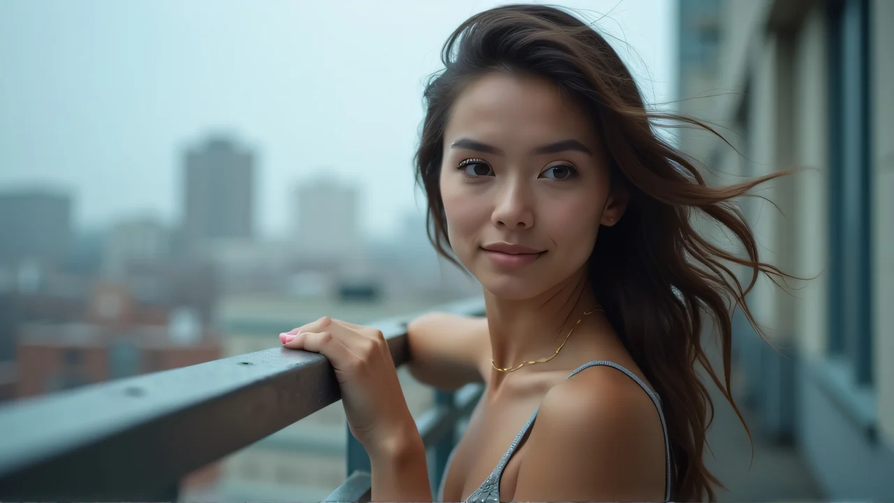 Woman posing on an urban balcony near metal railings.