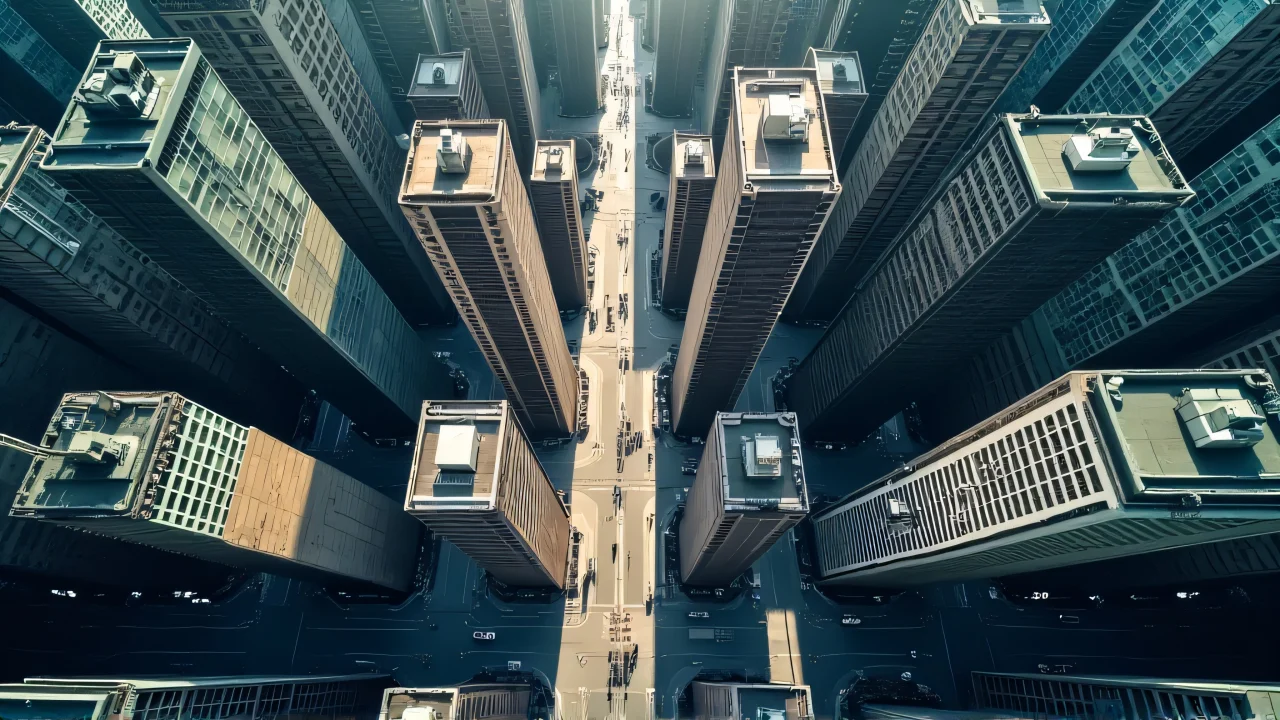 Aerial view of a bustling urban grid with skyscrapers and streets.