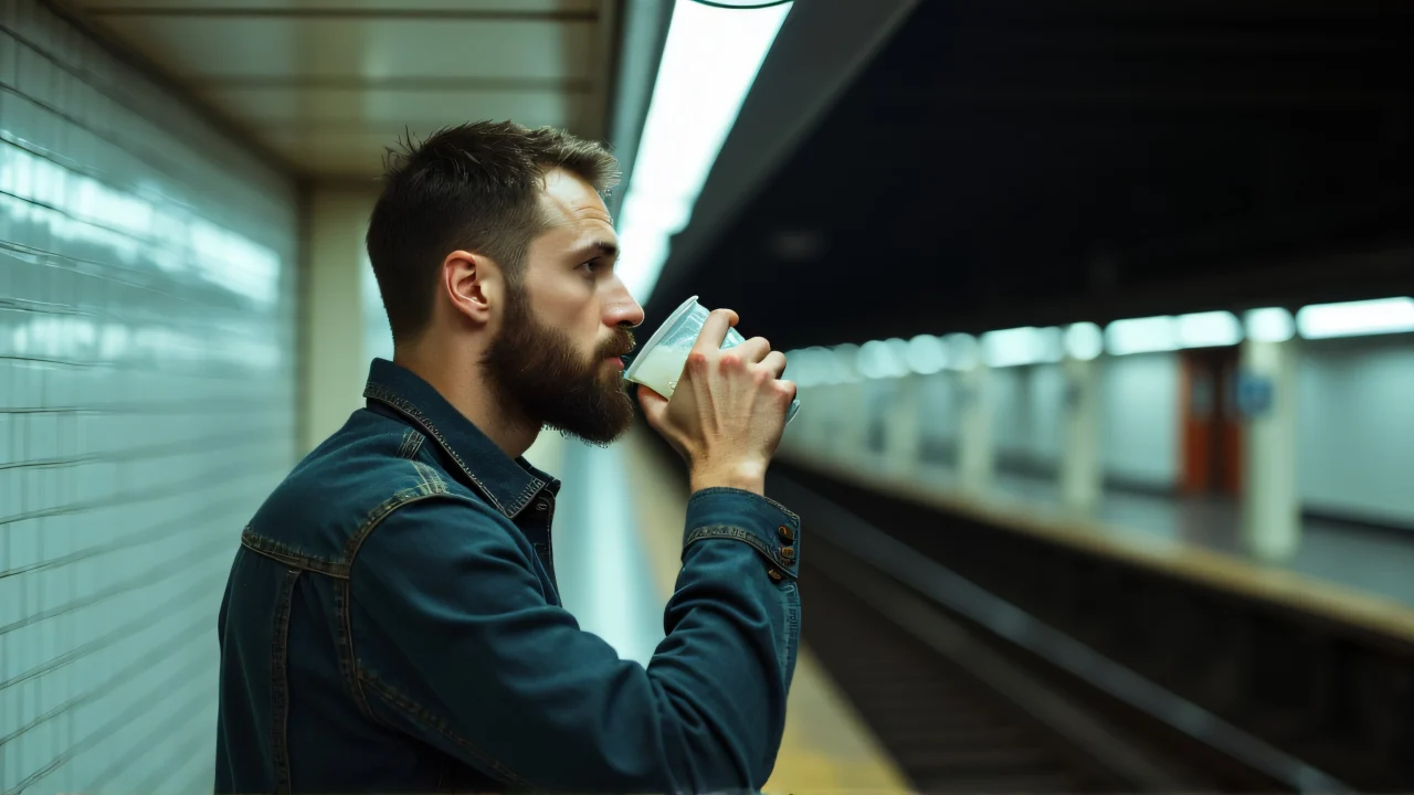 Man enjoying a drink on a subway platform in an urban setting.