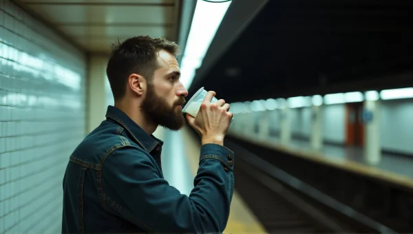 Urban Commuter Drinking From Plastic Cup
