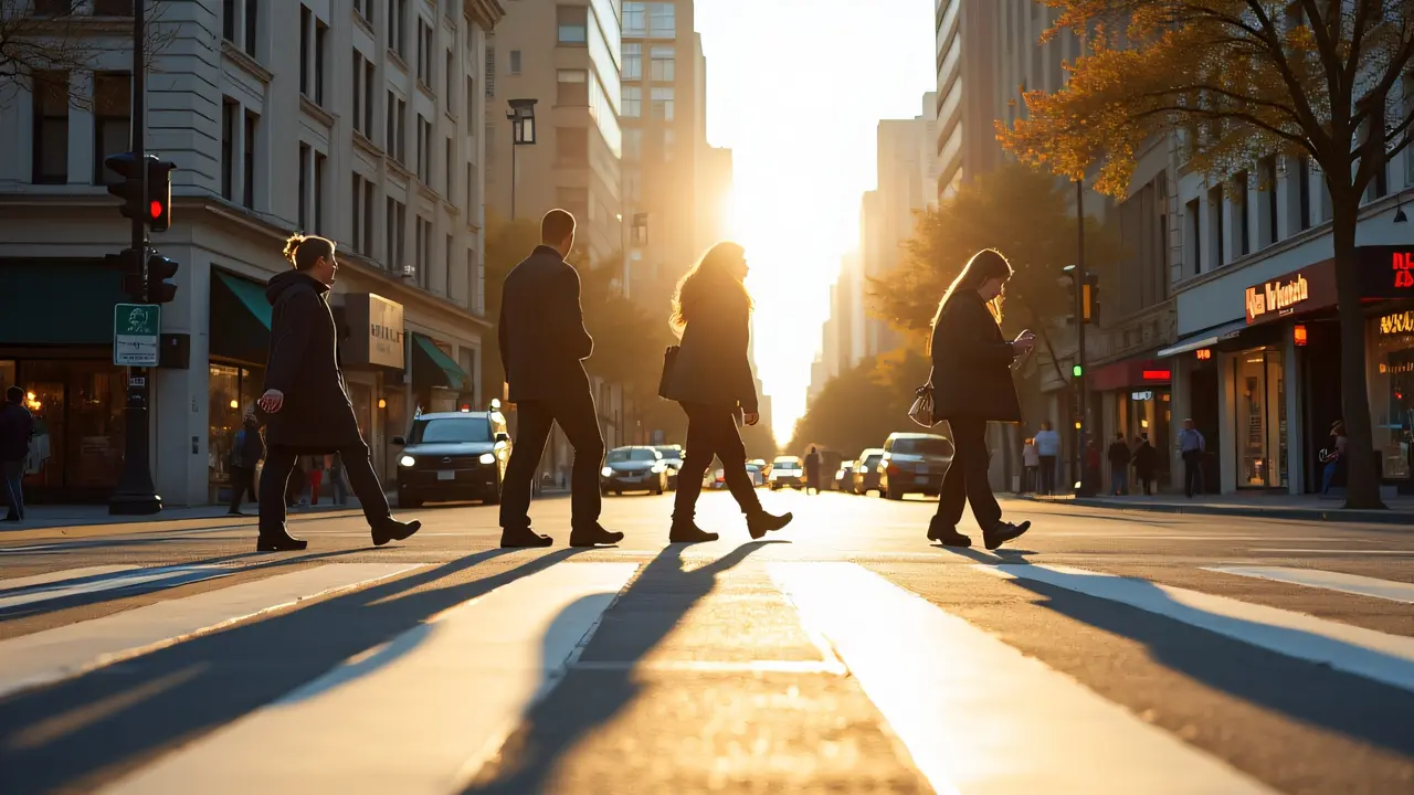 Diverse pedestrians crossing an urban street at dusk with long shadows and halted traffic.