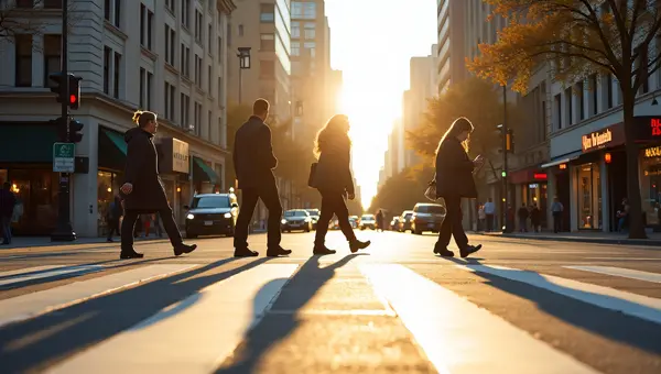 Urban Crosswalk Pedestrians Evening Light Shadows