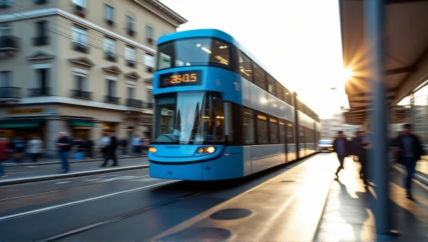 Urban Double-Decker Train Motion Through City Streets