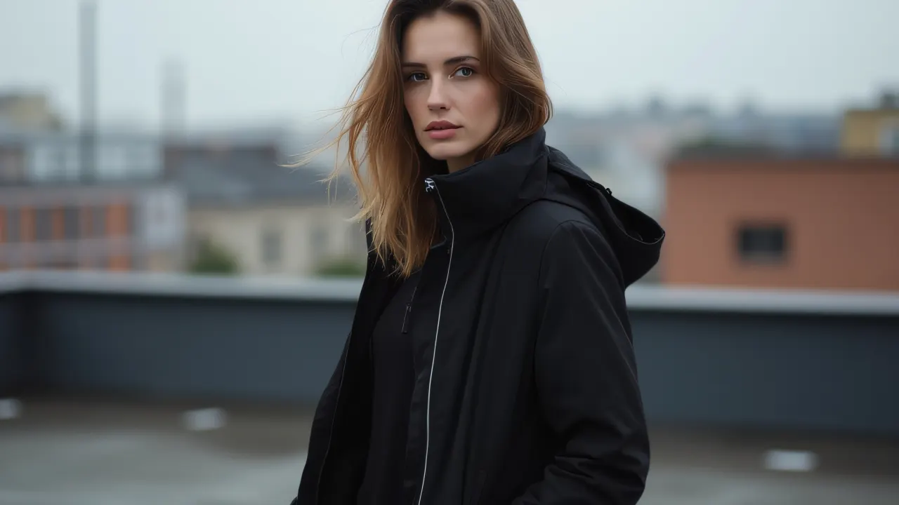 A woman in a black jacket stands on an urban rooftop with wind-tousled hair.