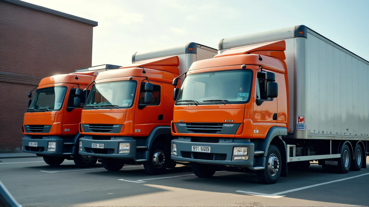 Three assorted-color box trucks parked at an urban loading dock.
