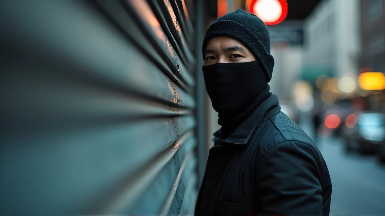 A man in a black mask stands near a metal shutter, portrayed in a gritty urban setting.